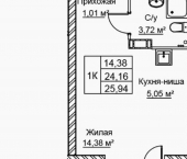 1-комн, 26 кв м, этаж 6/21 улица Голубева, 1