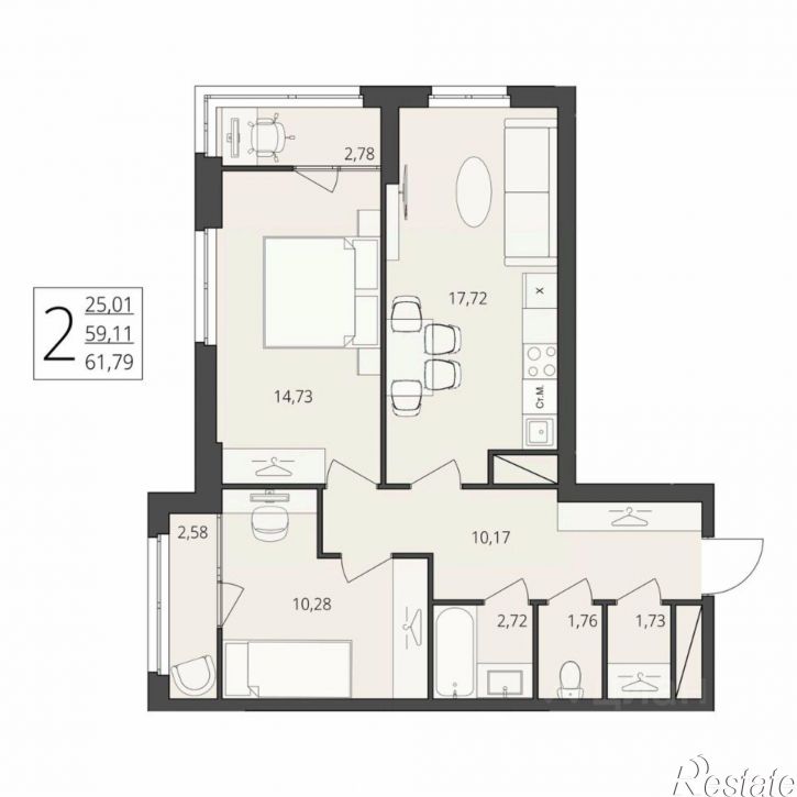 2-комн квартира в новом доме улица Степана Разина, 25/1,  д. 25/1