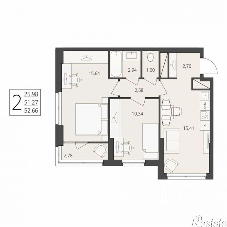 2-комн квартира в новом доме улица Степана Разина, 27