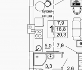 1-комн, 20 кв м, этаж 1/16 ЖК Засекин ​