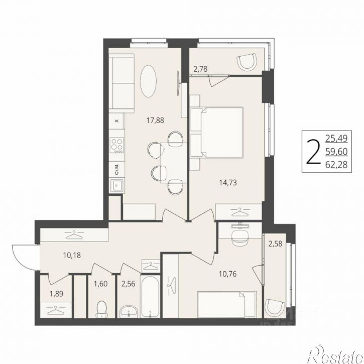 2-комн квартира в новом доме улица Степана Разина, 27