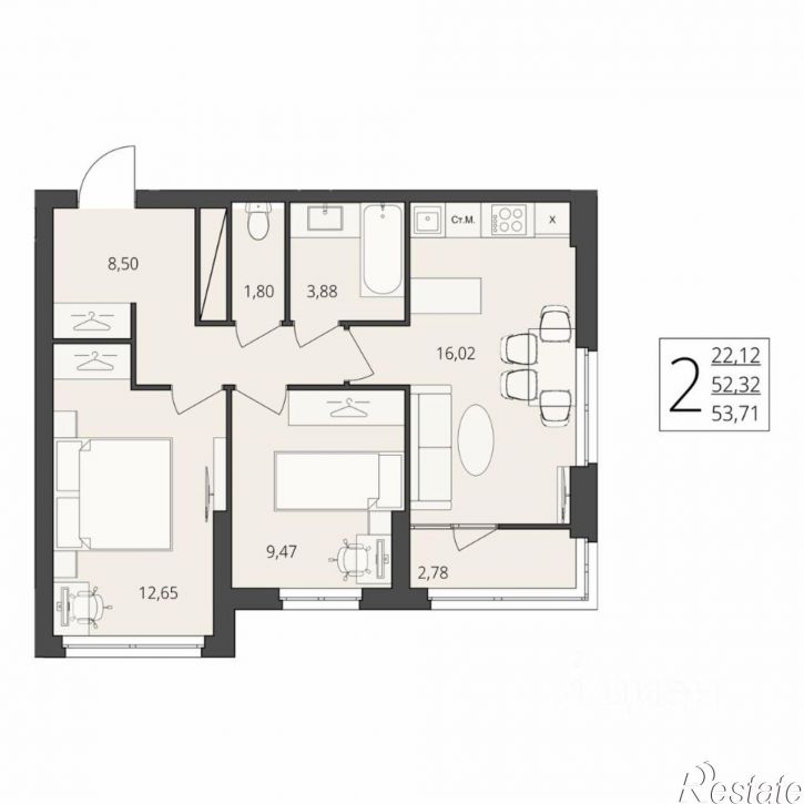 2-комн квартира в новом доме улица Степана Разина, 27