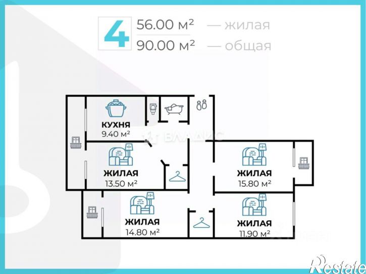 4-комн квартира Новороссийская улица, 67А,  д. 67А