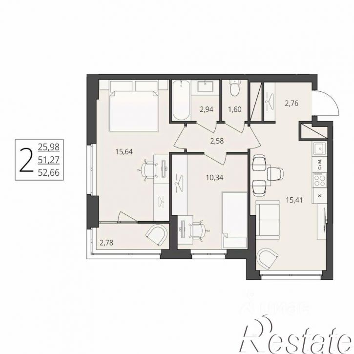 2-комн квартира в новом доме улица Степана Разина, 25/1,  д. 25/1